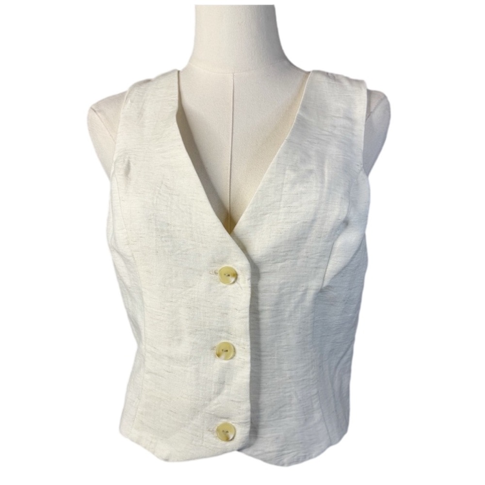 Monteau Linen Vest Cream Button Front Sleeveless Tailored Chic NWT Medium